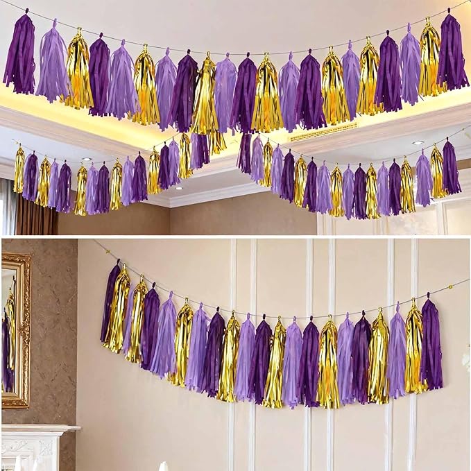 Purple Gold Tissue Paper Tassel Garland - Image 5