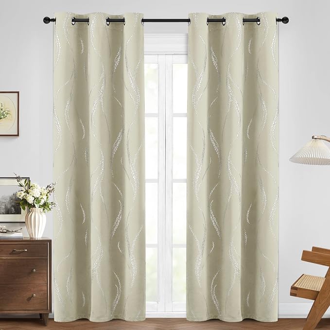 Yakamok Cream Light Blocking Curtains 84 Inches Long Silver Print Wide 42" | - Image 2