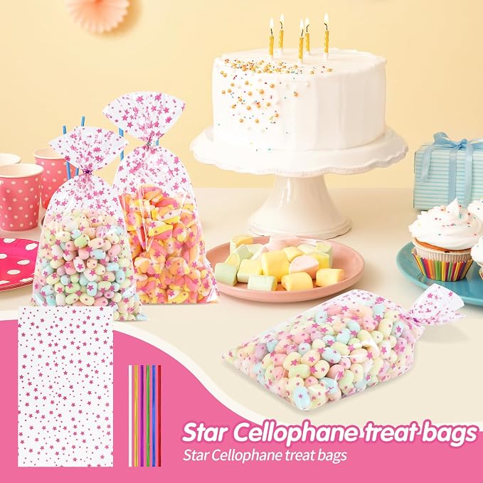 COQOFA 100 Pcs Pink Star 5"X11" Gift Wrap Cello Cellophane Treat Bags Clear - Image 4