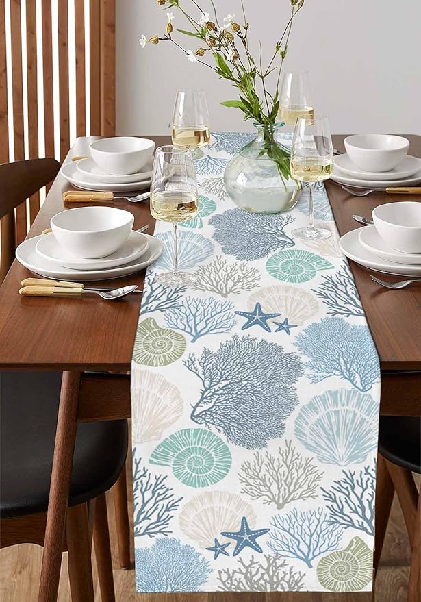 Coastal Coral Cotton Linen Table Runner for Dining Kitchen, Wedding Outdoor Party Tablerunners Decoration, Blue Nautical Starfish Ocean Shell Beach Dresser Scarf Coffee Tablecloth Runners 13x72 Inches