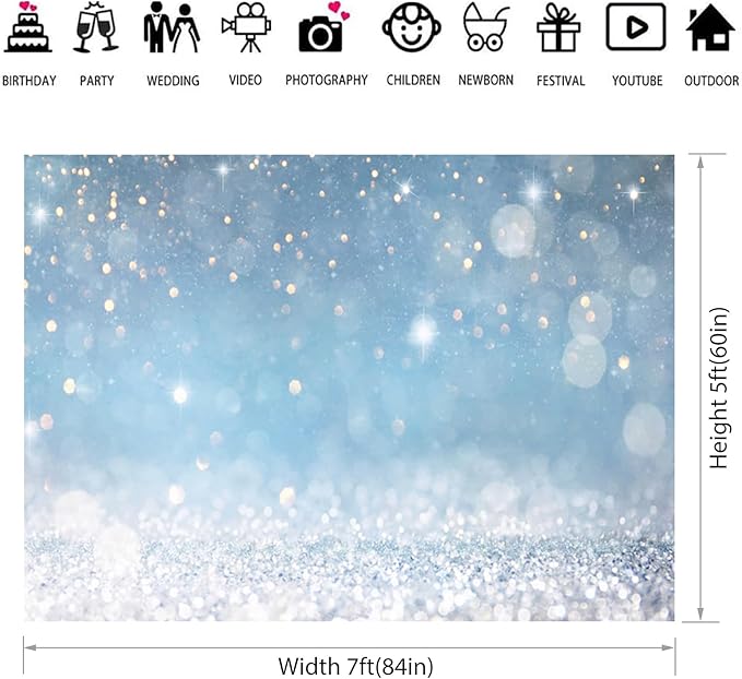 7x5ft Blue Bokeh (Not Glitter) Backdrops Birthday Party Abstract Golden Sparkling Spots Photography Background Baby Shower Wedding Prom Graduation Party Bokeh Decor Banner Photoshoot Props