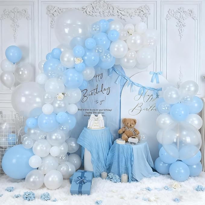 Pastel Blue White Balloons Garland Arch Kit, Light Baby Blue Clear Balloon - Image 4