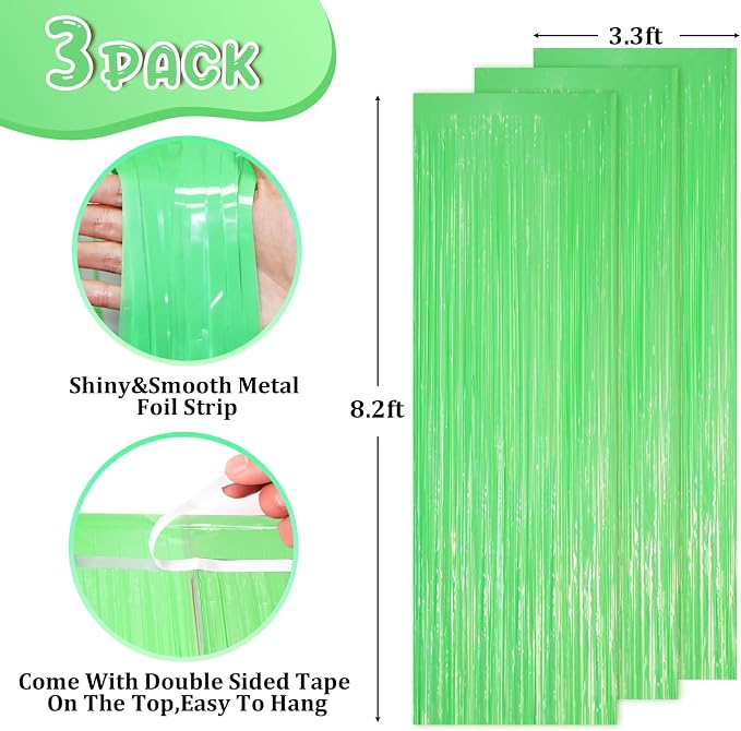Voircoloria Pastel Green Foil Fringe Backdrop Curtains, 3 Pack | Tinsel - Image 2