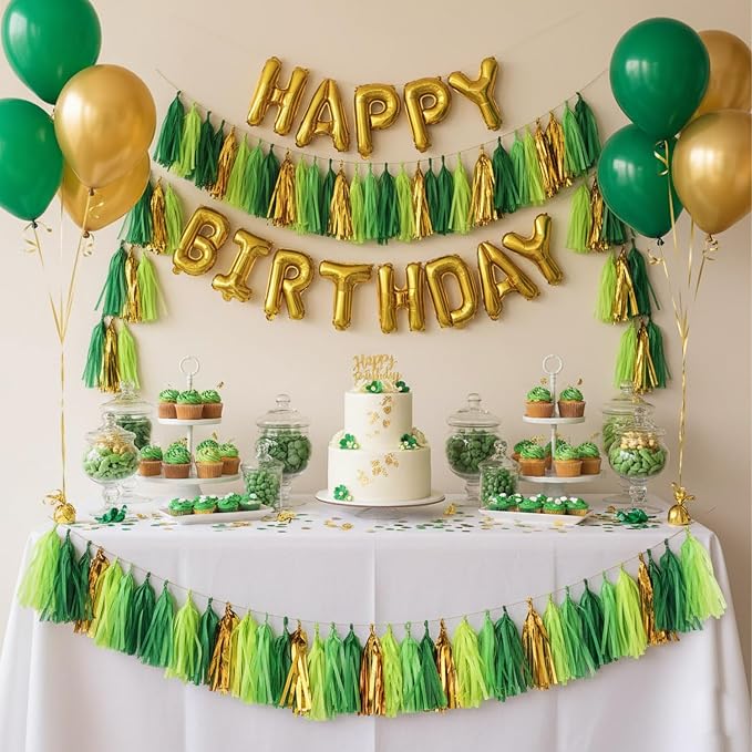 Green and Gold Tissue Tassel Garland - Image 2