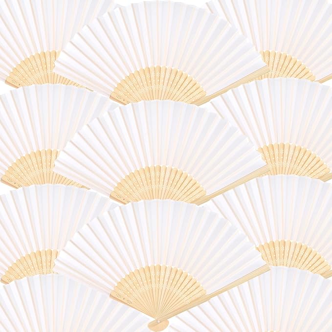 FEPITO 50 Pieces White Handheld Paper Fan | Paper Folding Fans by FEPITO