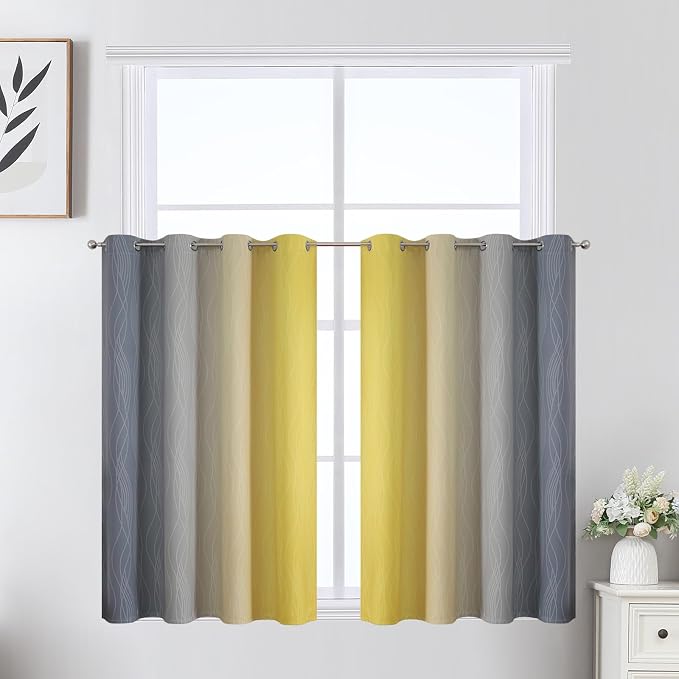 Grey and Yellow Ombre Short Blackout Curtains 36 Inch Long, Thermal Insulated - Image 2