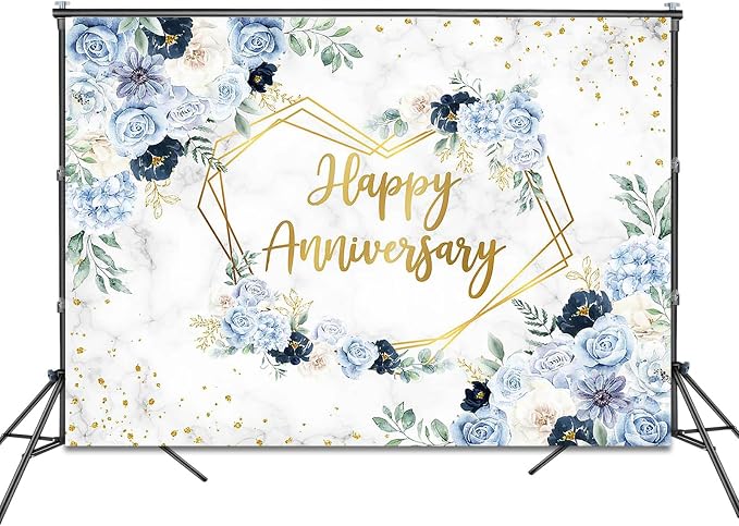 Happy Anniversary Backdrop 7x5ft Blue and White Flowers Wedding Anniversary - Image 2