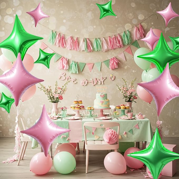TONIFUL 30Pcs Four Pointed Star Balloon Light Pink Green Foil Balloon | 26In & - Image 6