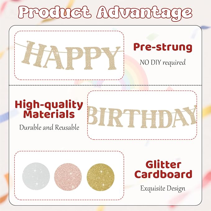 Happy Birthday Banner, Pre-Strung Champagne Gold Birthday Party Decorations - Image 3