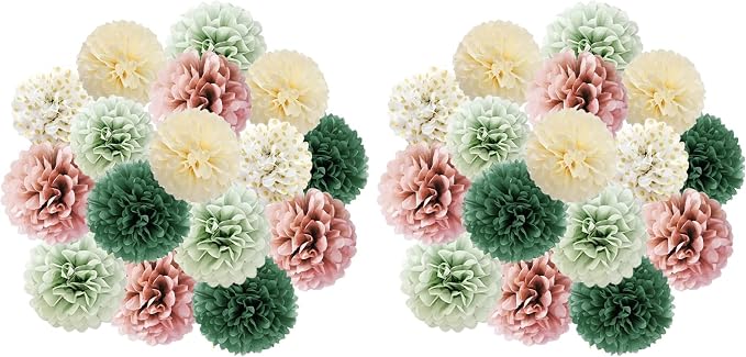 16pcs Dusty Rose Olive Sage Green Tissue Paper Pom Poms Flowers Sage Green by FETETIJD