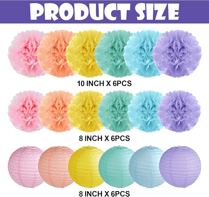Pastel Paper Lanterns and Pom Poms Flowers Paper Lanterns Party Decorations | - Image 3