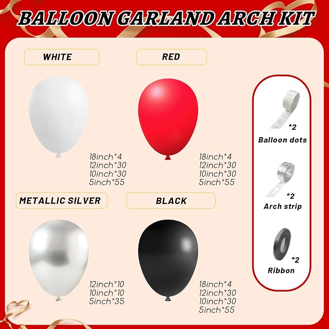 412Pcs Red Black and White Balloon Garland Arch Kit, 18 12 10 5 Inch Different - Image 2