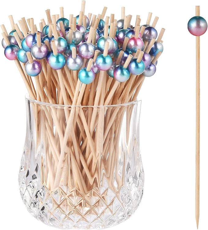 ALINK 100-Pack Cocktail Picks for Appetizers, Rainbow Pearl Wooden Toothpicks by ALINK