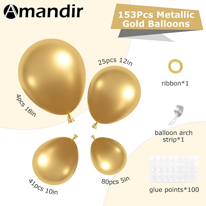 Amandir 153pcs Metallic Gold Balloons Arch Garland Kit Different Sizes | 18 12 - Image 3