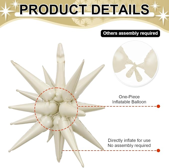 9Pcs Cream White Star Balloons, Large Explosion Star Foil Balloons, Cone Mylar - Image 3