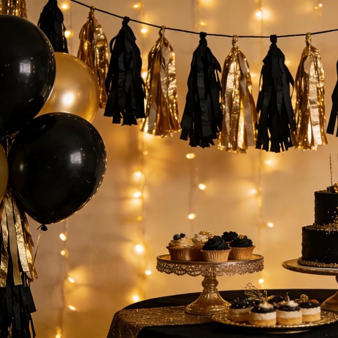We Moment Black and Gold Tassel Garland，Tissue Tassel Banner - Image 3