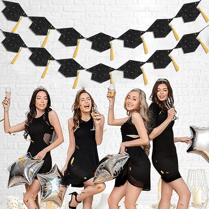 Graduation Decoration Banners 2026 Black Glitter Graduation Hats Banners | - Image 3