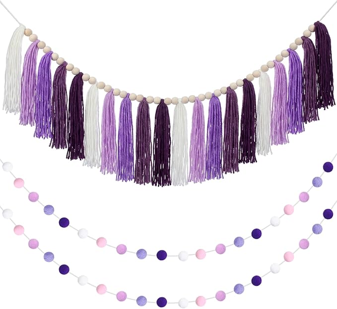 Hahafelt 3 Pcs Lavender Purple Tassel Garland, Pom Pom Tassel Garland, Boho by Hahafelt