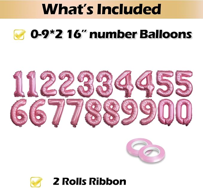 20 Pcs Pink 16" Number Balloons 2 Sets 0-9 Foil Balloon Numbers Décor | Glossy - Image 3