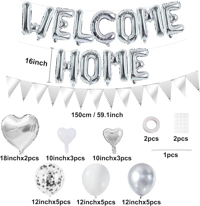 TONIFUL 16 Inch Silver Welcome Home Foil Letter Balloon Banner Decor Kit | - Image 2
