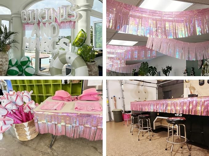 4 Pack Iridescent Pink Total 40 Feet Foil Fringe Garland Metallic Tinsel Banner - Image 7