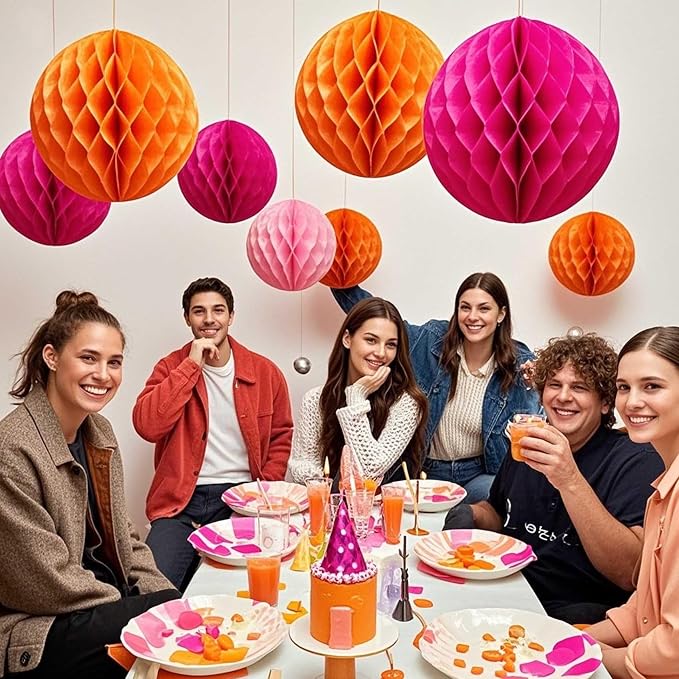 Orange and Pink Paper Honeycomb Flower Balls-12 Pcs 6" 10" Tissue Pompoms They - Image 3