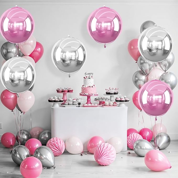 6Pcs Pink Silver Round Foil Balloons, 22inch 4D Metallic Silver Pink Balloons - Image 6