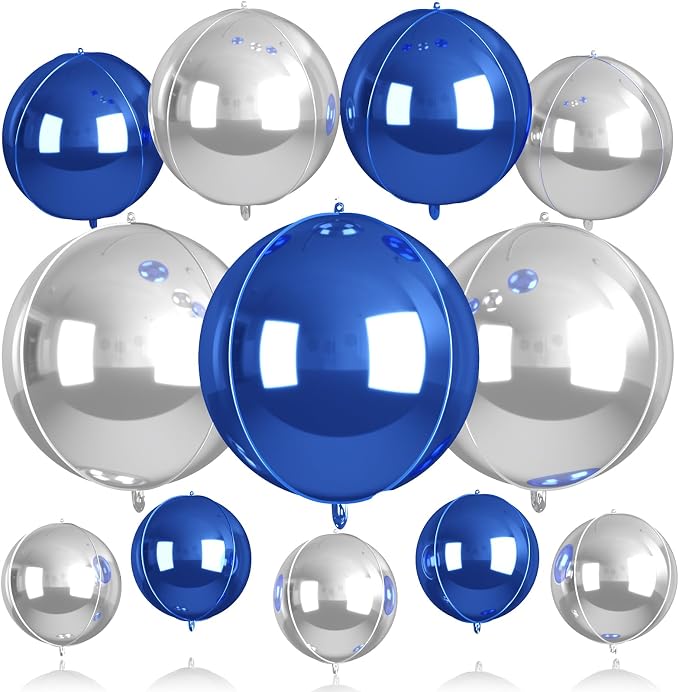 12Pcs Silver Blue Round Foil Balloons, Metallic Silver and Blue Large Balloons by BIAPIAN