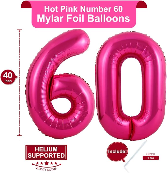 40 Inch Hot Pink 60 Number Balloons Giant Jumbo Huge 60 Foil Mylar Helium - Image 2