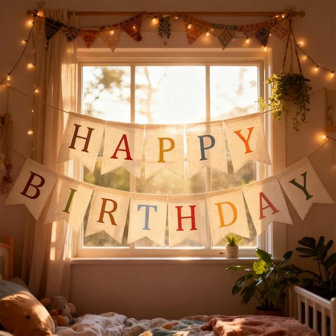 Happy Birthday Burlap Banner Boho Theme Garland White Bunting Bohemian Hanging - Image 6