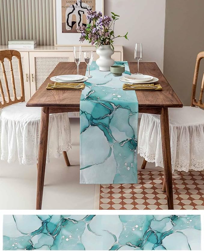 Turquoise Marble Cotton Linen Table Runner for Dining Kitchen, Wedding Outdoor Party Tablerunners Decoration, Nature Marble Crack Country Retro Dresser Scarf Coffee Tablecloth Runners 13x36 Inches