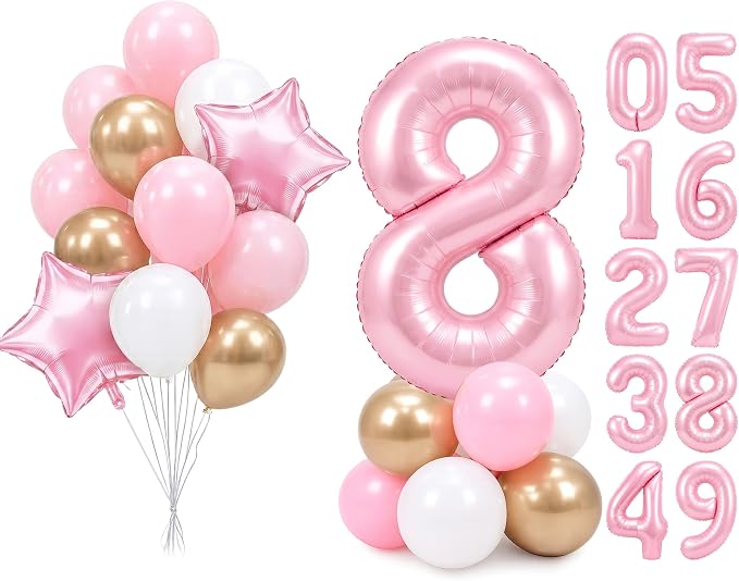 PartyWoo Number Balloons 40 Inch Pink Number 8 Kit 25pcs by PartyWoo