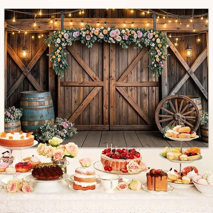 6x4ft Country Wedding Photography Backdrop Rustic Barn Door Photography Backdrop Farmhouse Pink Flower Cabin Wooden Birthday Baby Shower Wedding Bridal Party Banner Photo Booth Props Background