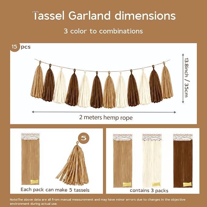 Brown Beige Cream Tissue Paper Tassel Garland 15PCS Banner | Boho Style - Image 3