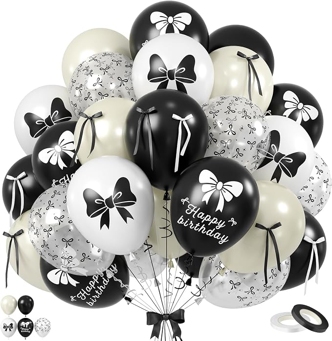 Black Bow Balloons, 12 Inch Black White Bow Printed Balloon by BIAPIAN