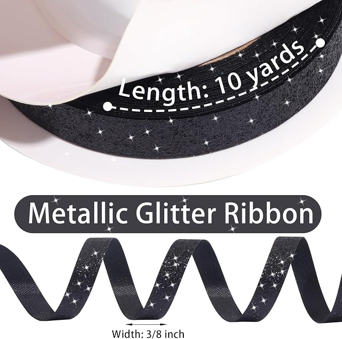 Black Metallic Glitter Ribbon for Gift Wrapping 3/8in x 10Yds | Cheer Sparkle - Image 3
