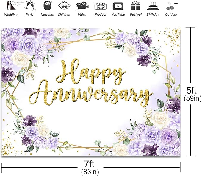 Happy Anniversary Backdrop 7x5ft Purple and White Flowers Anniversary Party - Image 3