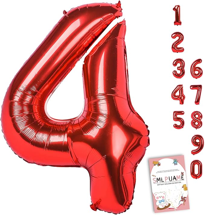 40 Inch Red Number Balloon 0-9, Large Foil Self-Sealing Number 4 Balloon by Smlpuame