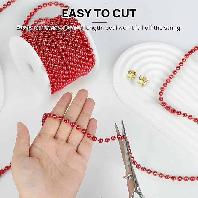 Craft String Pearls 6MM Pearl Bead, 66 Feet Red Faux Pearl Garland Spool Roll Strand Wedding Party Decoration, Christmas Tree Decorations