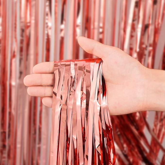 Voircoloria Rose Gold Foil Fringe Backdrop Curtains, 2 Pack | Tinsel Streamers - Image 2