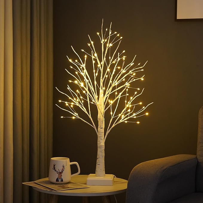 2 Pack 144 LED Artificial Tree Lamp with Timer, DIY Birch Tree with LED Lights, Lighted up Tree Lamp USB/Battery Powered, Fairy Light Spirit Tree for Table Home Bedroom Christmas (Warm White)