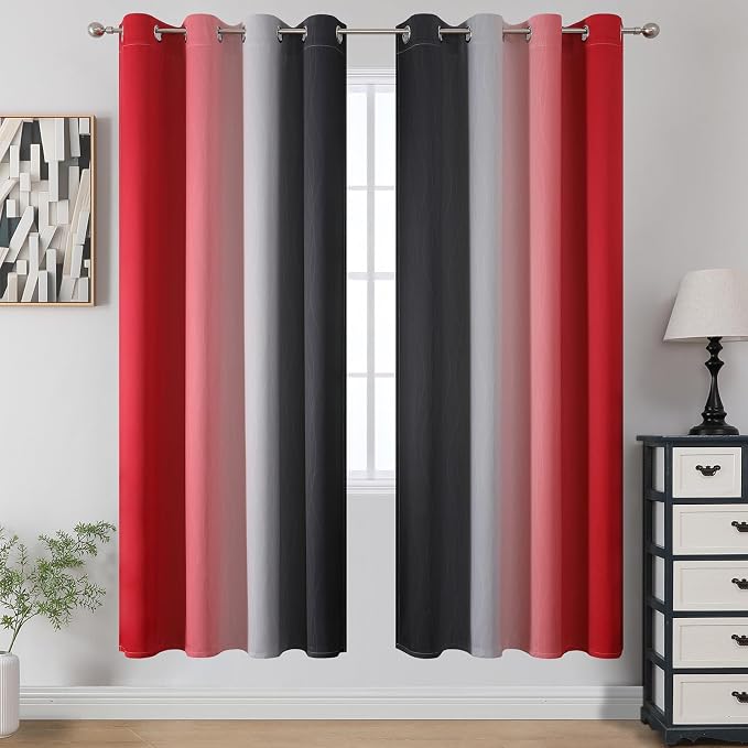 Ombre Red and Black Curtains 72 Inch Length 2 panels, Complete Blackout Curtains - Image 2