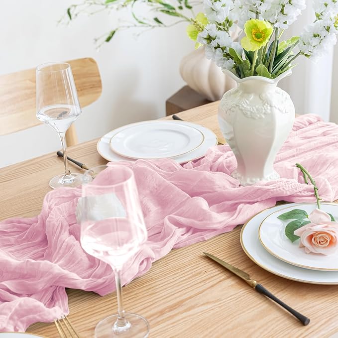 Asee'm Cheesecloth Table Runner 120 Inches Blushing Pink Boho Gauze Cheese Cloth Runner 10FT Rustic Sheer Fall Table Runners for Thanksgiving Wedding Baby Shower Holiday Party Decoration
