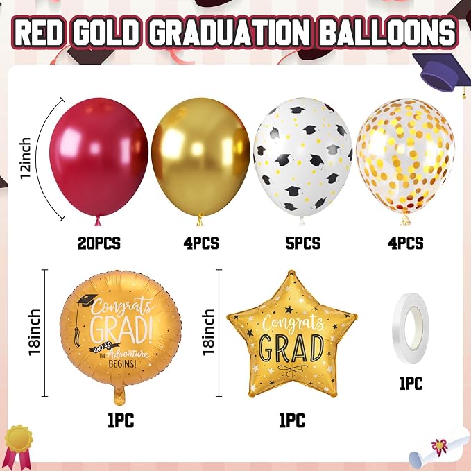 Red Gold Graduation Balloons, Graduation Round Star Balloons Foil, Congrats - Image 2