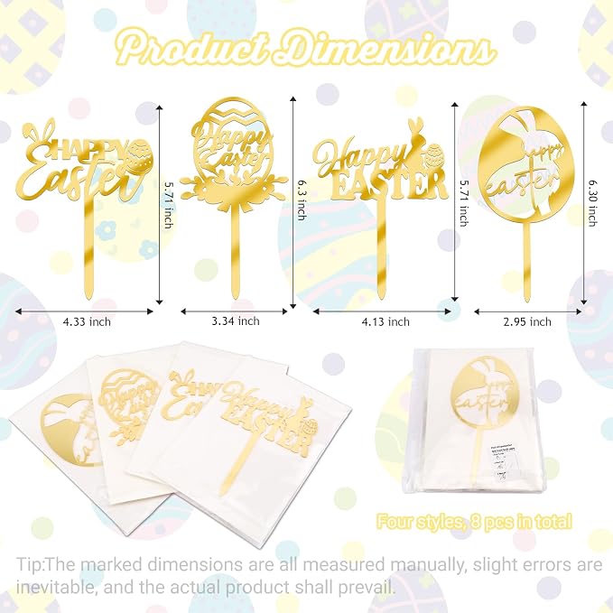 8Pcs Gold Happy Easter Cake Toppers Bunny Cupcake Decor - Image 2