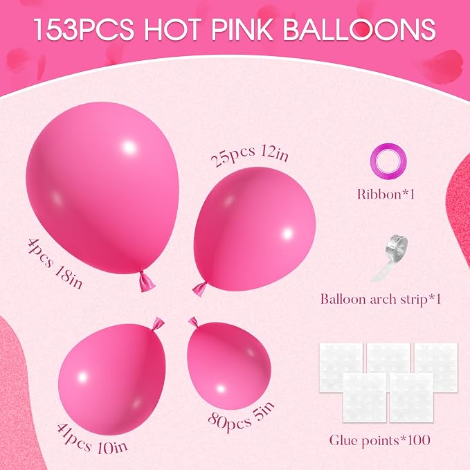 Amandir 153pcs Hot Pink Balloons Arch Garland Kit Different Sizes | 18 12 10 5 - Image 3