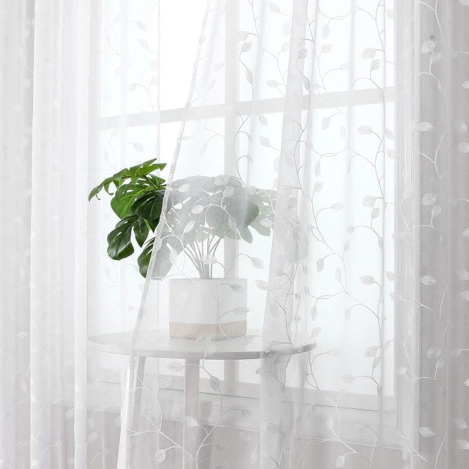 Tollpiz Leaves Short Sheer Curtain White Leaf Embroidery Living Room Curtains - Image 2