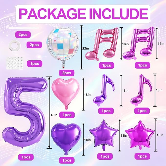 TONIFUL Girl‘s Purple Pink Music Themed 5th Birthday Decorations | 40 Inch - Image 2