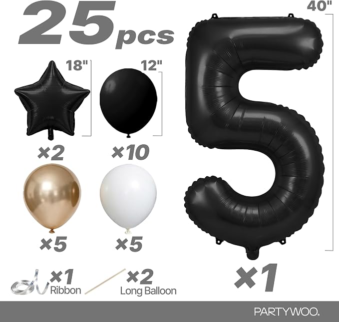 PartyWoo Number Balloons 40 Inch Black Number 5 Kit 25pcs - Image 2