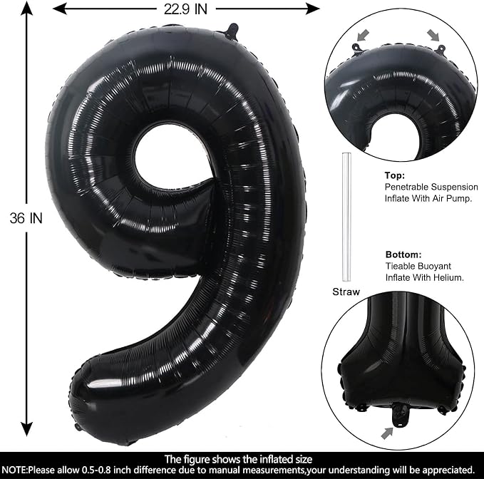 40 Inch Black Number 9 Balloons Helium Giant Black 9 Balloons - Image 2